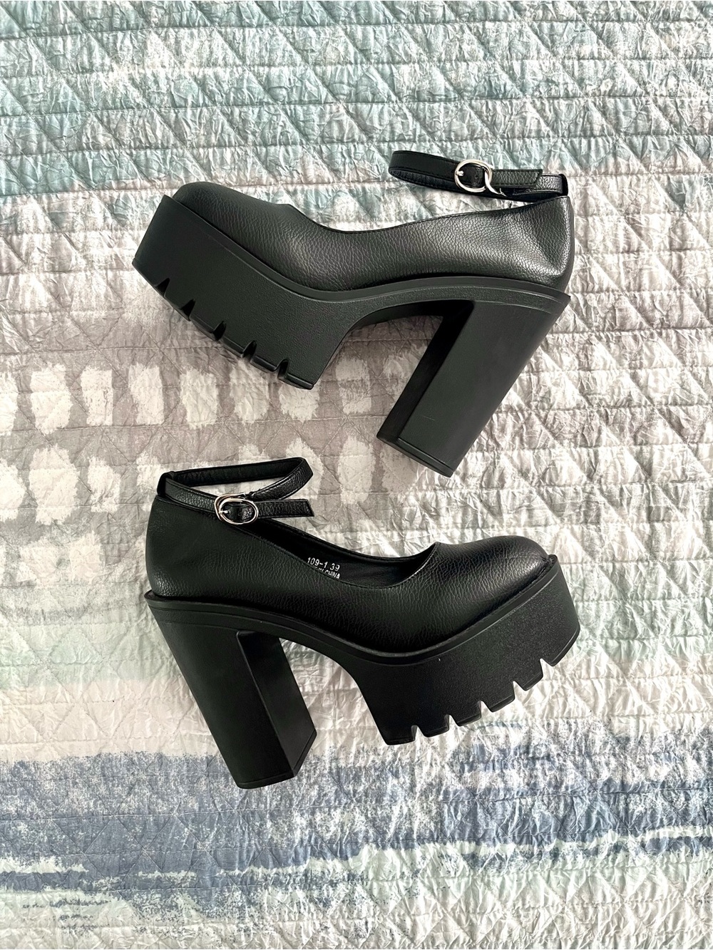 Black Chunky Platform Mary Jane Heels with Ankle Strap 10101